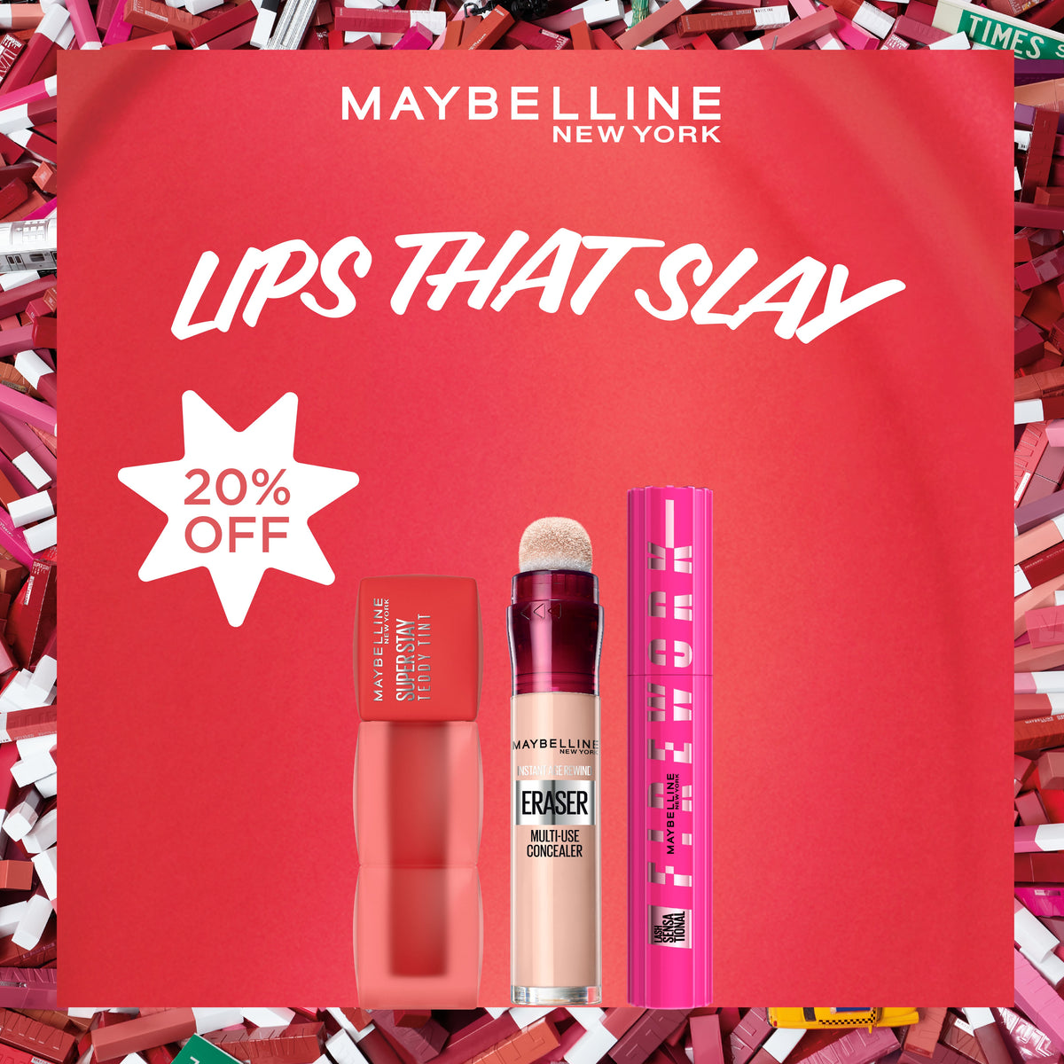 Super Stay Teddy Tint Velvet Lipstick X Instant Age Rewind Eraser X Lash Sensational Firework Mascara